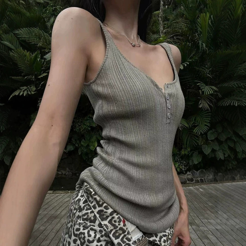 Zara Grey Ribbed Knit Button Front Tank Top Slim Fit Streetwear